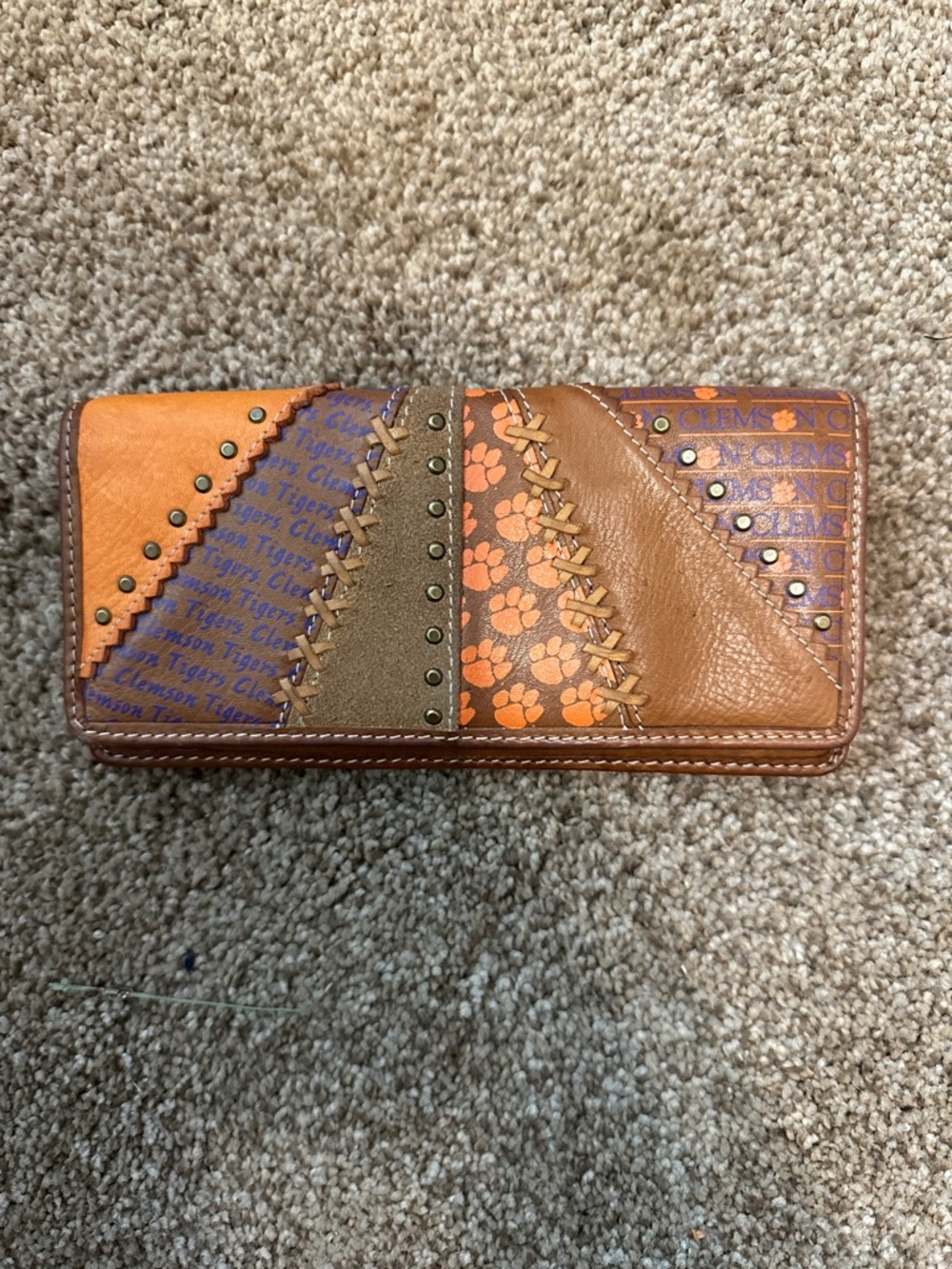 Fossil Clemson Tigers Patchwork Leather Wallet in Orange, Brown & Purple